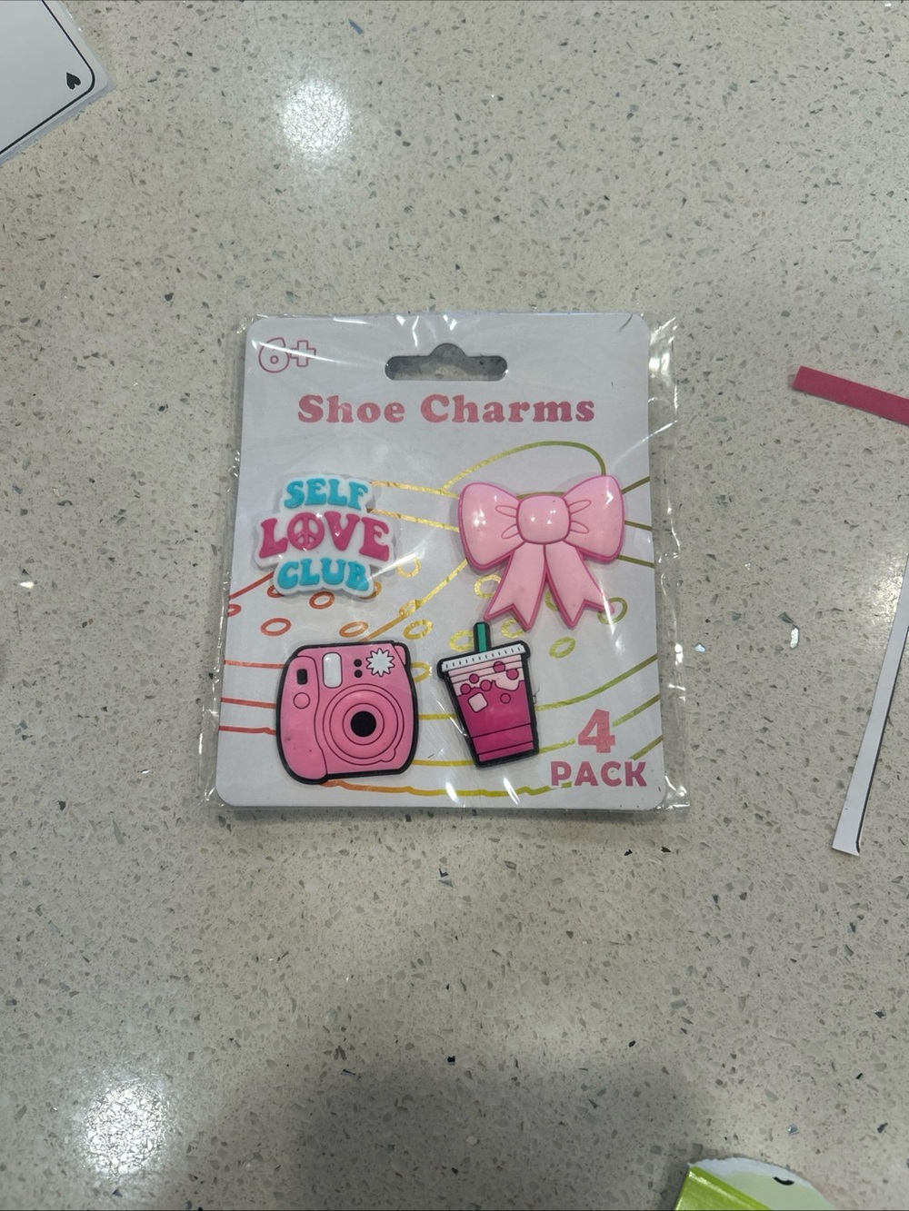Pink Kids Shoe Charms 4-Pack - Self Love Club Bow, Camera & Cup